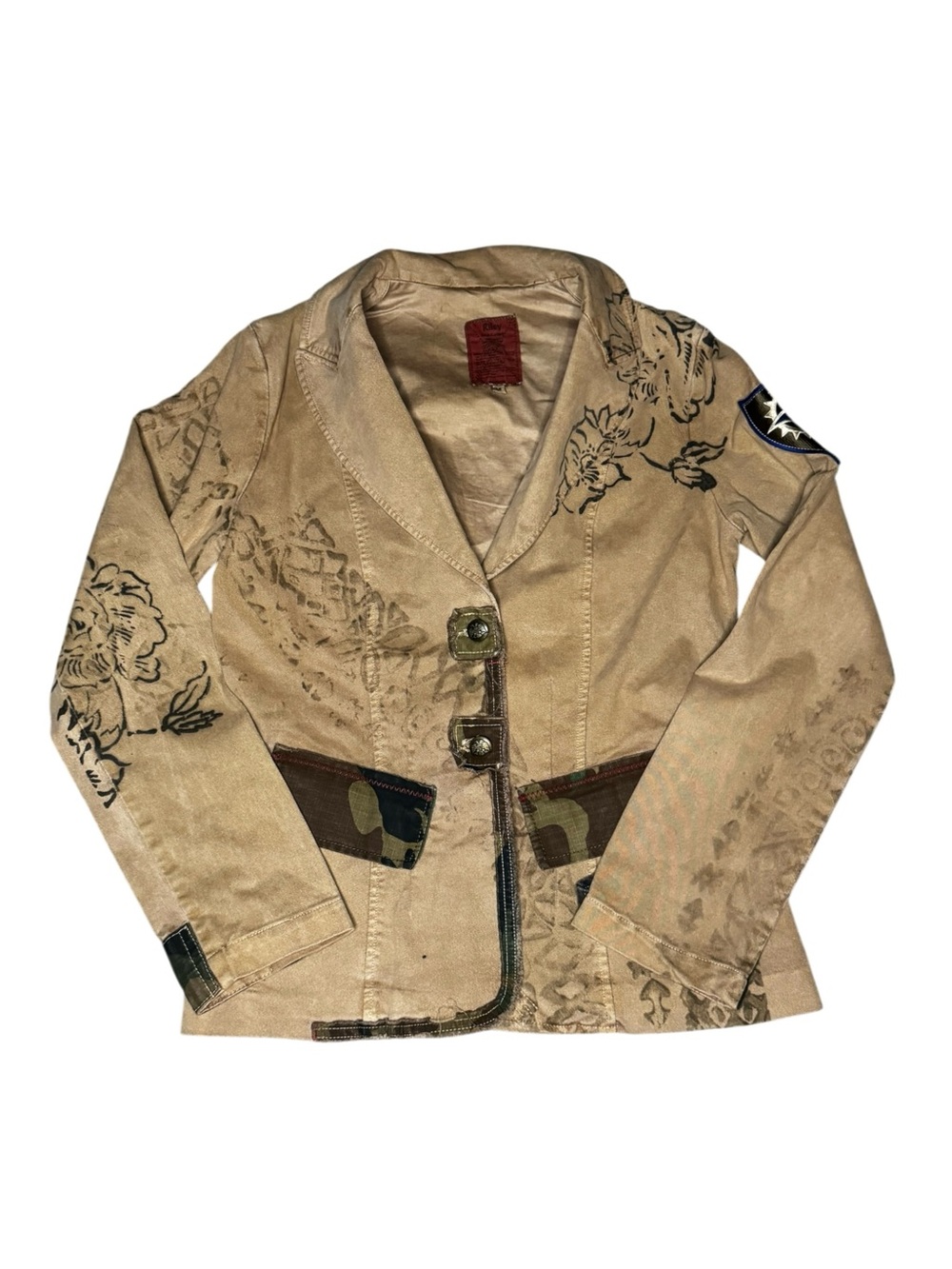 VTG Riley U.S.R.C. Boho Grunge Military Camo Floral Blazer Jacket Medium